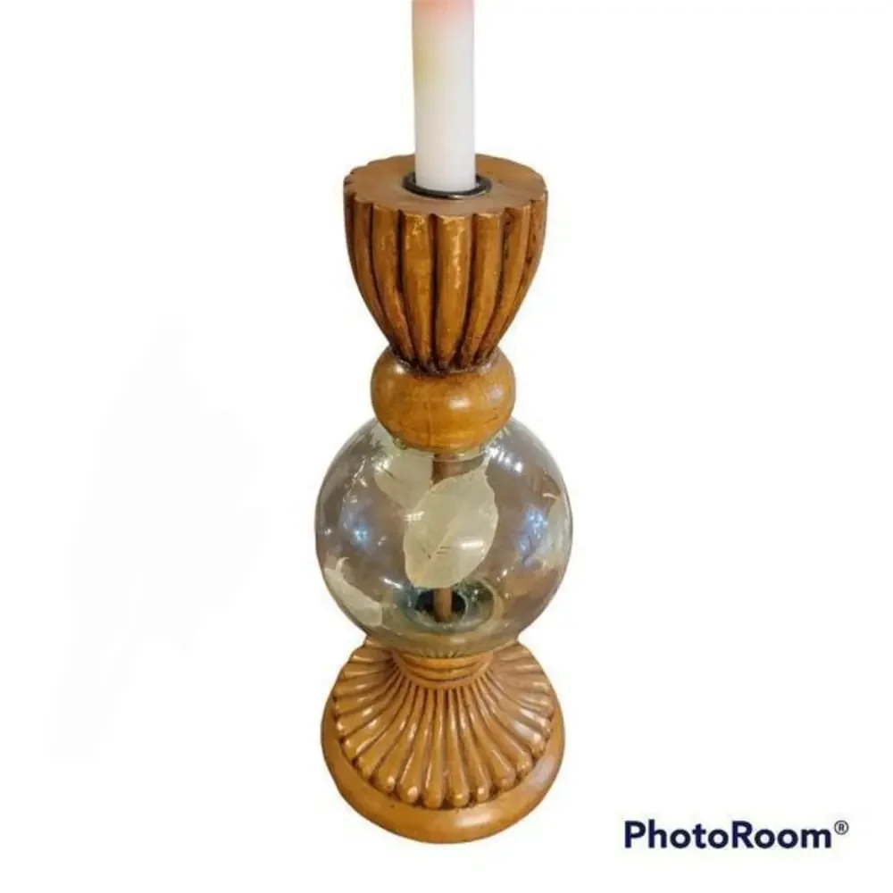 Vintage Wooden and glass candle holder with leaves inside 13 in tall